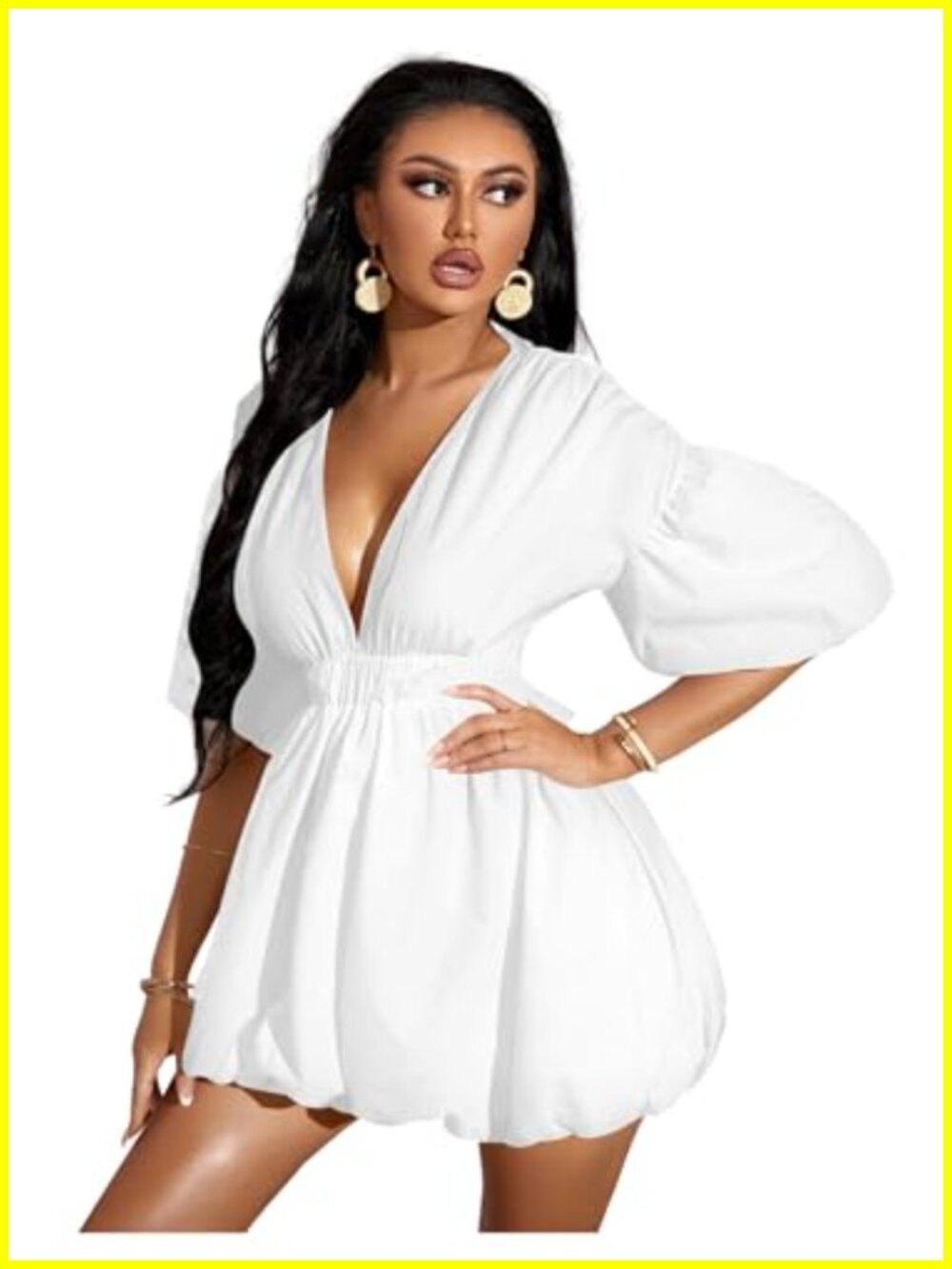 Women's Deep V Neck Puff Sleeve Flare Mini Dress Summer Casual